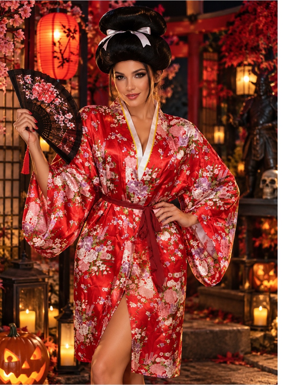 Red Floral Satin Kimono Robe and wig size L